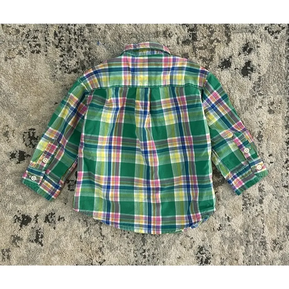 Ralph Lauren Baby Boy 12 Month Cotton Long Sleeve Button Up Shirt Green Plaid